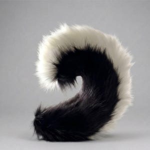 May include: A curved, fluffy tail accessory featuring long, soft faux fur in a striking black and white color pattern. The tail is shaped into a distinct C-curve, with a dense black base that transitions into a thick, voluminous white outer edge.