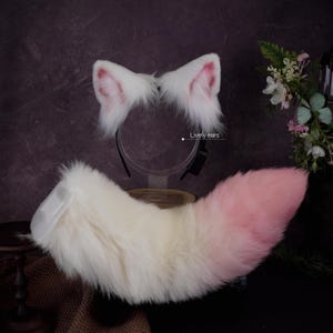 Vitt kattset med rörliga öron och svans, superrörligt kattpannband, viftande katt supermjuk fuskpälssvans, Therian-utrustning