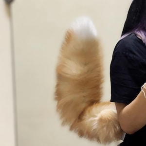 以下が含まれることがあります： ふわふわとした、明るい茶色と白の尻尾の小道具。 尻尾は明るい茶色で、先端は白です。 尻尾は黒いシャツを着ている人に付いています。