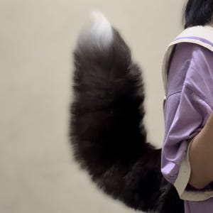 Può includere: Una lunga e soffice coda in pelliccia sintetica nera con la punta bianca. La coda è attaccata a un indumento viola chiaro con bordi bianchi. La consistenza della pelliccia è folta e densa, estendendosi lateralmente in una forma curva.