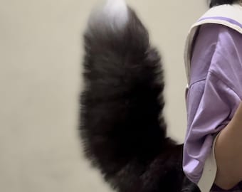 Black Wiggling Tail Accessory – Realistic Fluffy Tail, Handmade Cosplay Tail, Motion Tail for Costume, Animal Cosplay Gift