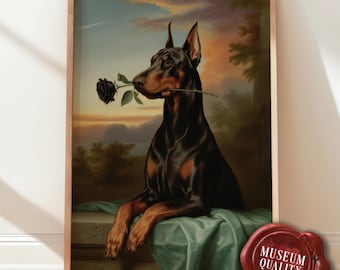 以下が含まれることがあります： 黒いバラを口にくわえたドーベルマンの額装プリント。犬は黒とタンで、堂々としたポーズをとっています。背景には、木々と薄い青色の空のある夕焼けが描かれています。プリントには「MUSEUM QUALITY」と表示されています。