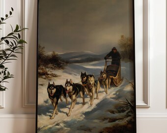 Winter Dog Sled Wall Art, Huskies Vintage Portrait