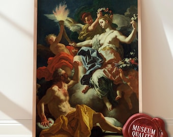 May include: A framed print of a classical painting featuring figures in flowing robes and cherubs amidst clouds. The artwork has a dark, dramatic color palette with highlights of red, blue, and gold. A torch is held aloft, and a red wax seal with the text "MUSEUM QUALITY" is in the lower right corner.