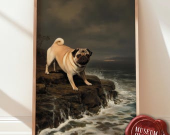 May include: A framed print of a pug dog standing on a rocky cliff overlooking the ocean. The dog has a tan coat with a black face and is looking directly at the viewer. The artwork is in a classic style with a dark, dramatic sky.