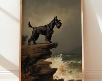 May include: A framed print depicting a black Schnauzer dog on a cliff edge, gazing out at a turbulent sea. The dog has a distinctive beard. The artwork is in a vintage style, presented within a wooden frame.