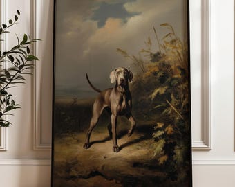 May include: Framed print of a Weimaraner dog in a field. The dog is gray with a light gray head and ears, standing in a grassy area with tall grass and a cloudy sky in the background. The artwork is in a black frame.