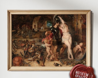 May include: Framed museum-quality print of a classical painting depicting figures in a detailed, historical scene. The artwork features a warm color palette with a red wax seal that reads "MUSEUM QUALITY".