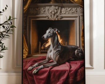 Impresión de pintura al óleo medieval de galgo, arte mural de perro vintage, retrato de whippet