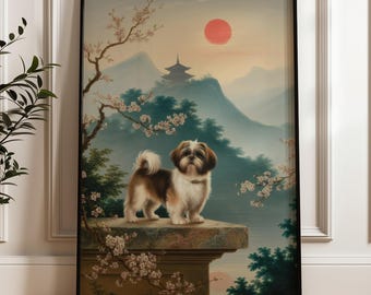 Lámina decorativa de Shih Tzu, arte de perros de pagoda japonesa