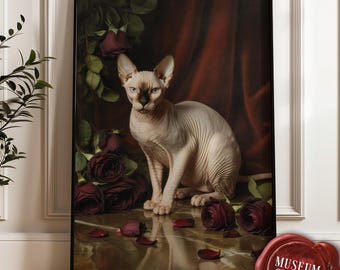 Sphynx Katze mit Rosen Vintage Fine Print