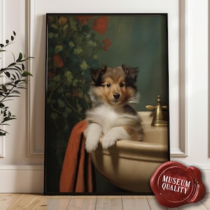 Puede incluir: Impresión enmarcada que presenta un cachorro tricolor y esponjoso en un entorno de bañera vintage. El cachorro es marrón, blanco y canela, con una toalla roja sobre el borde de la bañera. El fondo incluye follaje y un grifo de latón. La impresión tiene un sello "MUSEUM QUALITY".