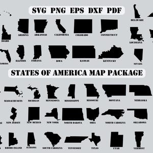 May include: A collection of black silhouette maps of the United States, including Alaska and Hawaii, with state names below each. The text "SVG PNG EPS DXF PDF" and "STATES OF AMERICA MAP PACKAGE" are also present.