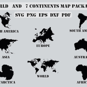 May include: A graphic featuring black silhouettes of the world's continents, including North America, South America, Europe, Asia, Australia, Africa, and Antarctica. Text at the top reads "WORLD AND 7 CONTINENTS MAP PACKAGE" with file type options: SVG, PNG, EPS, DXF, and PDF.