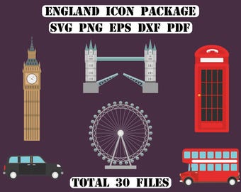 Paquete de imágenes prediseñadas de iconos de Inglaterra, símbolos nacionales en formato SVG, DXF y PNG (producto digital).