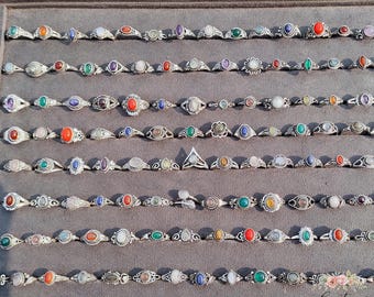 Wholesale Natural Gemstone Rings, Assorted Minimalist Lot, Silver Plated Boho Vintage Look Jewelry