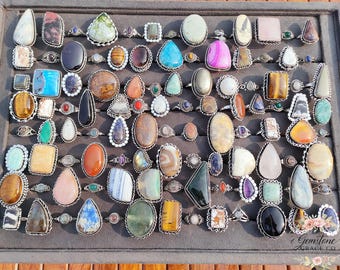 Handmade Mixed Gemstone Rings, Silver Plated Brass, Vintage Look Boho Jewelry