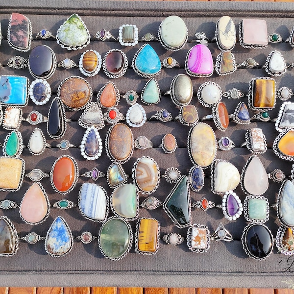 Handmade Mixed Gemstone Rings, Silver Plated Brass, Vintage Look Boho Jewelry