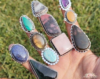 Mixed Gemstone Rings, Silver Plated, Handmade Artisan Rings