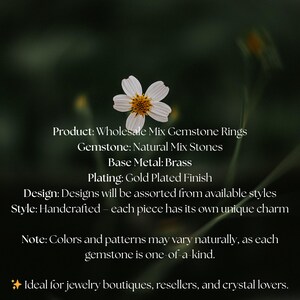May include: Text on a dark background describes wholesale gemstone rings. The product details include natural mix stones, brass base metal, and a gold-plated finish. Designs are assorted, handcrafted, and unique. Colors and patterns vary naturally.