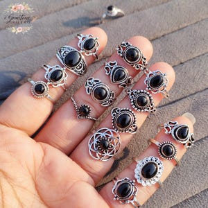 Wholesale Natural Black Onyx Rings, Assorted Minimalist Lot, Silver Plated Boho Vintage Look Jewelry