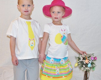 Kids Easter shirt, girl pink, blue and  yellow eggs and bunny appliqued, and a boy yellow polka dot tie shirt, sibling shirts