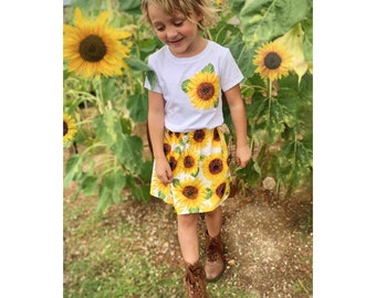 Sunflower shirt, skirt outfit- Back to school, Girl, toddler, tween baby sunflower SKIRT, SHIRT yellow sunflower applique, 1st day of school