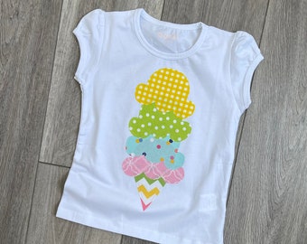 Kids summer shirt, Ice Cream shirt - yellow, blue, green, pink applique,  ice cream cone with chevron colors for baby, toddler, girl, tween