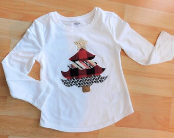Christmas Eve shirt, Christmas tree shirt - girl, toddler, tween, baby, red, black buffalo check plaid with star tree applique NB - 16