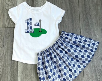 Girl Golf outfit, SHIRT personalized initial / number, blue gray argyle SKIRT, baby, toddler, tween 18m 24m 2T 3T 4T 5 6 7 8 10 12 14 16