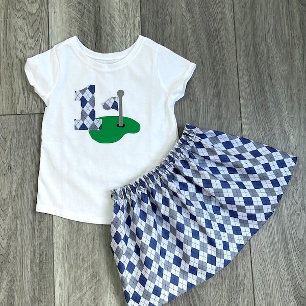 Girl Golf outfit, SHIRT personalized initial / number, blue gray argyle SKIRT, baby, toddler, tween 18m 24m 2T 3T 4T 5 6 7 8 10 12 14 16