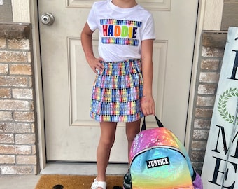 Back to School outfit- Girl, toddler, tween, and baby SKIRT with rainbow colored crayons, school SHIRT personalized, 1st day of school