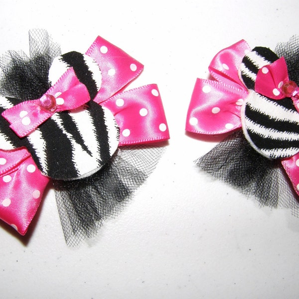 Two hot pink or red polka dot  zebra Minnie Mouse bows for ponies and pig tails