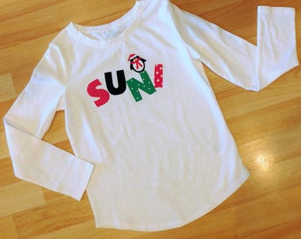 Girl, baby, toddler, tween personalized Christmas name appliqued shirt with penquin in green, red, black sizes Newborn - 16