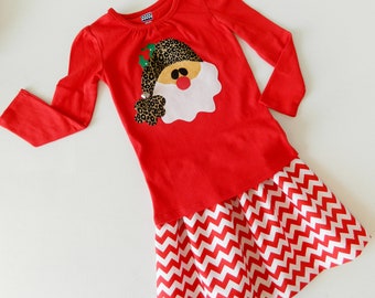 2 piece outfit Festive Christmas jingle shirt with Santa, holly, leopard, cheetah hat, chevron skirt NB - 16 for baby, toddler, girl, tween