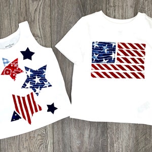 Fourth of July - Girl or boy, SHIRT - patriotic flag or stars red, white, blue applique, NB to size 16 - fireworks 4th of July and summer