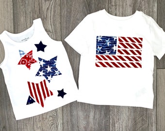 Fourth of July - Girl or boy, SHIRT - patriotic flag or stars red, white, blue applique, NB to size 16 - fireworks 4th of July and summer