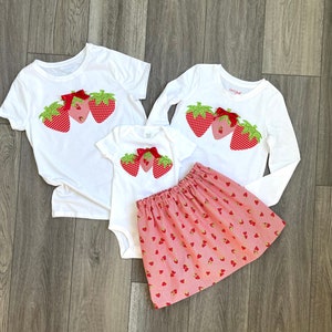 Girl strawberry outfit, Fresh summer coral, pink, green strawberry outfit, strawberry SKIRT, applique onesie / SHIRT, size baby toddler girl