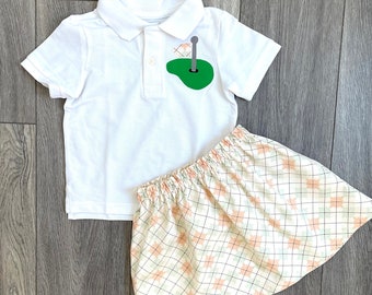 Girl Golf shirt and/or skirt, golf POLO personalized name, coral and mint, argyle SKIRT, baby, toddler, 6m 18m 24m 2T 3T 4T 5 6 7 8 10 12