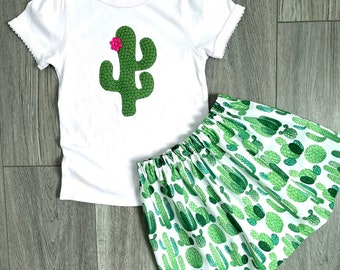 Cactus outfit, Girl, toddler, tween baby cactus SKIRT, SHIRT green cactus applique, hot pink flower button, fun birthday outfit