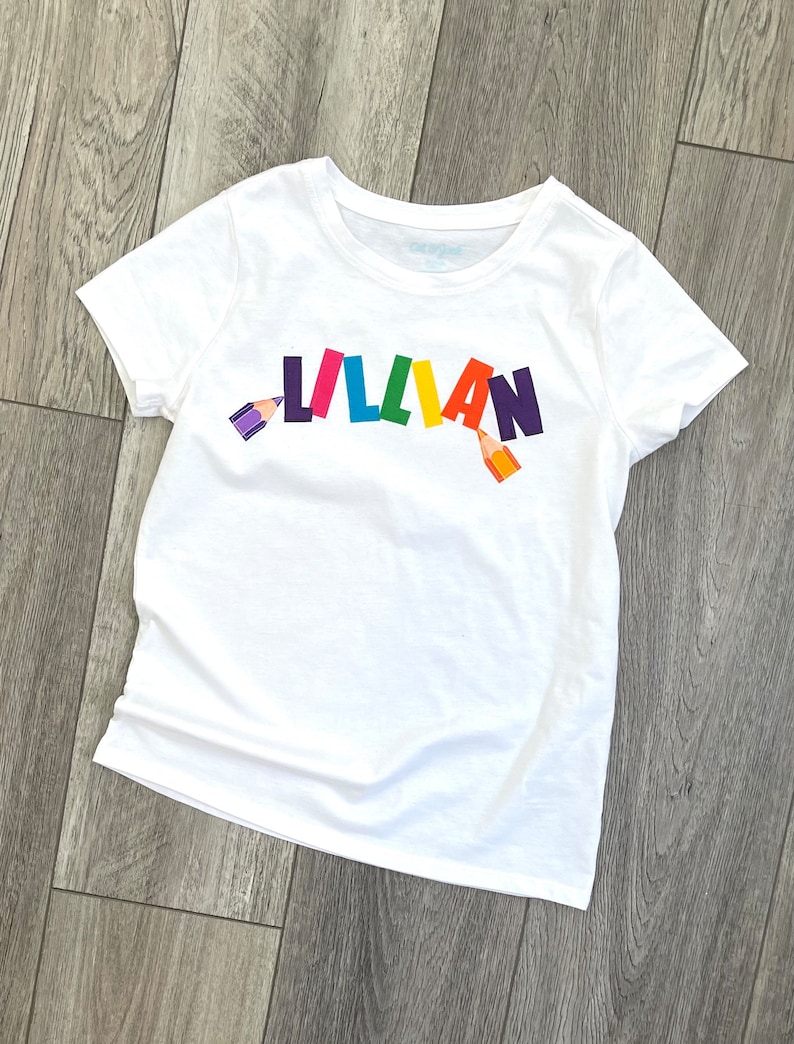 Back to School personalize shirt- Girl, toddler, tween, and baby rainbow colored pencils, personalized name SHIRT, 1st day of school image 2