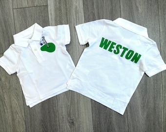 Front and back -Boy, girl, toddler white  polo golf SHIRT green and argyle blue flag with birthday number, personalized on back in green