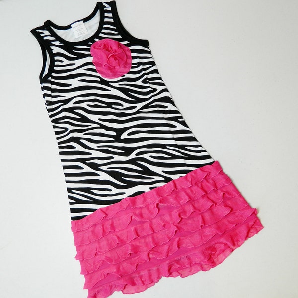 New for summer hot pink knit ruffles on funky zebra tank dress with twisted flower on bodice for baby, toddler and girl in sizes 3 mo. - 5/6