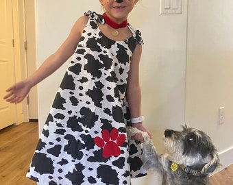 101 Dalmatians dress -101 days of school, sun dress, dog paw print applique, tie, dog costume, girl tween 2T - 10