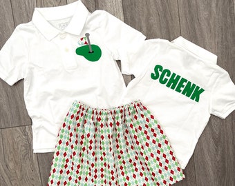 Girl Golf outfit, golf POLO personalized name on back, blue, maroon, argyle SKIRT, baby, toddler, tween 6m12m 18m 24m 2T 3T 4T 5 6 7 8 10 12