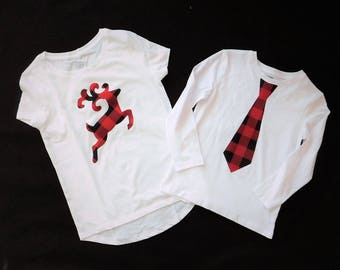 Buffalo plaid SHIRT, red and black buffalo plaid tie or funky reindeer applique for baby, toddlers, boy, girl,  tweens -size NB - 16