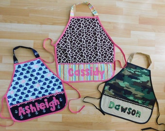 Kid's girl boy giraffe, nautical, camo pocket personalized name school play apron smock for toys, cooking tools, art supplies 2-6 years