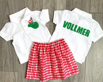 Girl Golf outfit, golf POLO personalized name on back, red and pink, argyle SKIRT, baby, toddler, tween 6m12m 18m 24m 2T 3T 4T 5 6 7 8 10 12