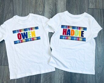 Back to School personalize SHIRT- Girl, toddler, tween, rainbow colored crayons, personalized name SHIRT, 1st day school, school shirt