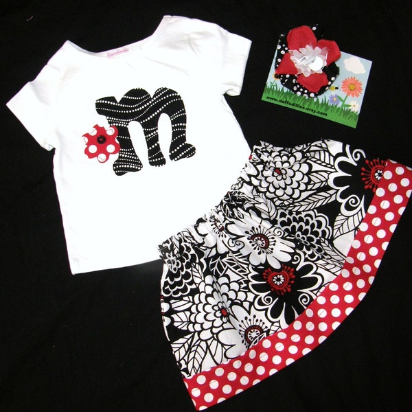 3 piece outfit - Michael Miller designer fabric flower print skirt with red, black and white with polka dot border, personalized initial shirt and matching bow for baby, girls and tweens in sizes NB 3m 6m 9m 12m 18m 24m 2T 3T 4T 5T 6 7 8 10 12 14